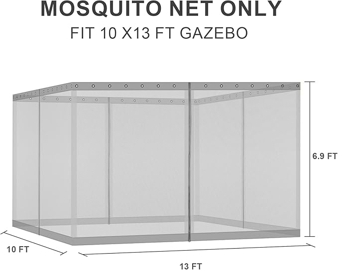 BPS 10' x 13' Gazebo Universal Mosquito Netting Screen Replacement, 4-Panel Screen Walls with Double Zippers for Outdoor Patio, Gray (Mosquito Net Only)