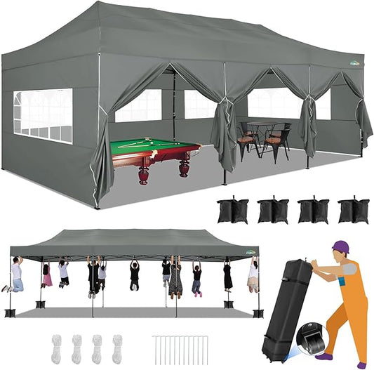 COBIZI 10x30 Heavy Duty Pop up Canopy with 8 sidewalls Stable Wedding Outdoor Tents for Parties Canopy Pop Up Party Tent UPF 50+ Waterproof Commercial Gazebo with Roller Bag, Gray(Windproof Upgraded)