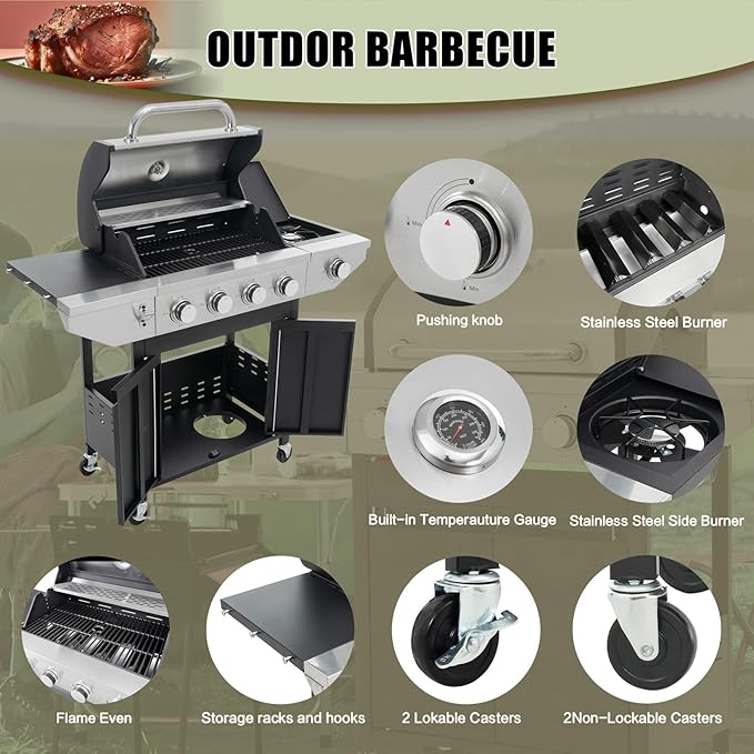 Propane Grill 4 Burner Barbecue Grill Stainless Steel Gas Grill with Side Burner, 46,500 BTU Outdoor Cooking, Patio, Garden Barbecue Grill, Black and Silver