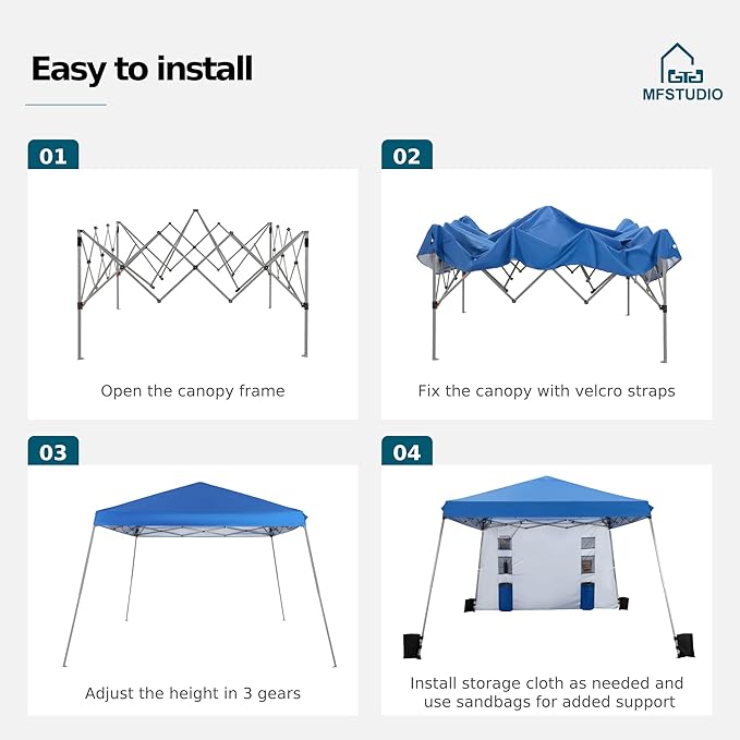 MFSTUDIO Pop up Canopy Tent,12x12 ft Footprint and 9x9 ft at top Canopies with 1 Sidewall, Gazebo Shelter Sun Shade Waterproof Patio Popup Tents 4 Sandbag