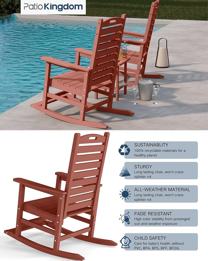 Outdoor Rocking Chairs Set of 2 with Footrest, HDPE Modern Rocking Lawn Chair for Garden, Poolside, Deck (Brown)