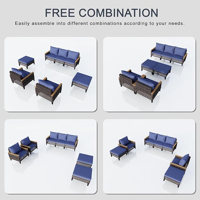 7-Piece Outdoor Patio Furniture Set, Wicker Conversation Set with Armchairs and Ottomans, Rattan Sectional Modular Sofa Couches for Porch, Poolside, Deck, Balcony, Backyard, Yard (Blue Cushions)