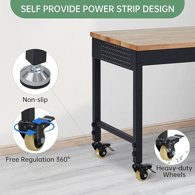 48"x24" Heavy-Duty Adjustable Workbench - 2000LB Capacity Work Bench with Rubberwood Top, Locking Wheels & Power Outlets, 27.8"-39.5" Height, Mobile Garage Workstation for Workshop/Home DIY