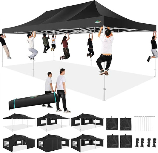COBIZI 13x26 Heavy Duty Pop Up Canopy with 6 Sidewalls Party Tent Outdoor Wedding Large Event Tent with Roller Bag for Garden Lawn Waterproof UPF 50+ Ez Up, Black (Framework Upgraded)