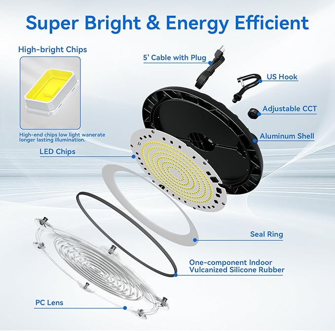 UFO LED High Bay Light 200W, 30000 lumen LED Shop Light, 4000K/5000K 2 CCT Selectable UFO Lights, 5' Cable with US Plug&Safety Rope, IP65 Waterproof Commercial Bay Lighting UL&ETL Listed, 10 Pack