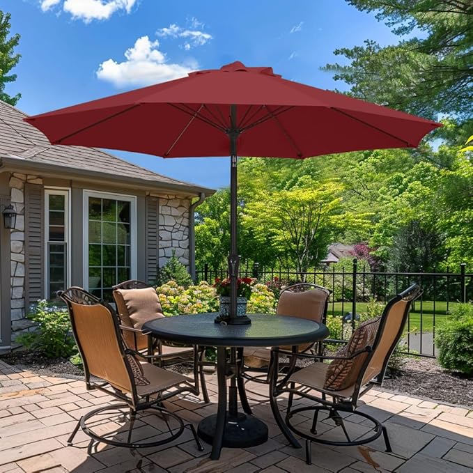 PatioKingdom 9FT Patio Outdoor Umbrella-UPF 50+ Sun Shade with Wind Vent, Push-Button Tilt & Smooth Crank Lift, Rust-Resistant Fiberglass Frame for Garden, Backyard,Yard (Red, 9FT)