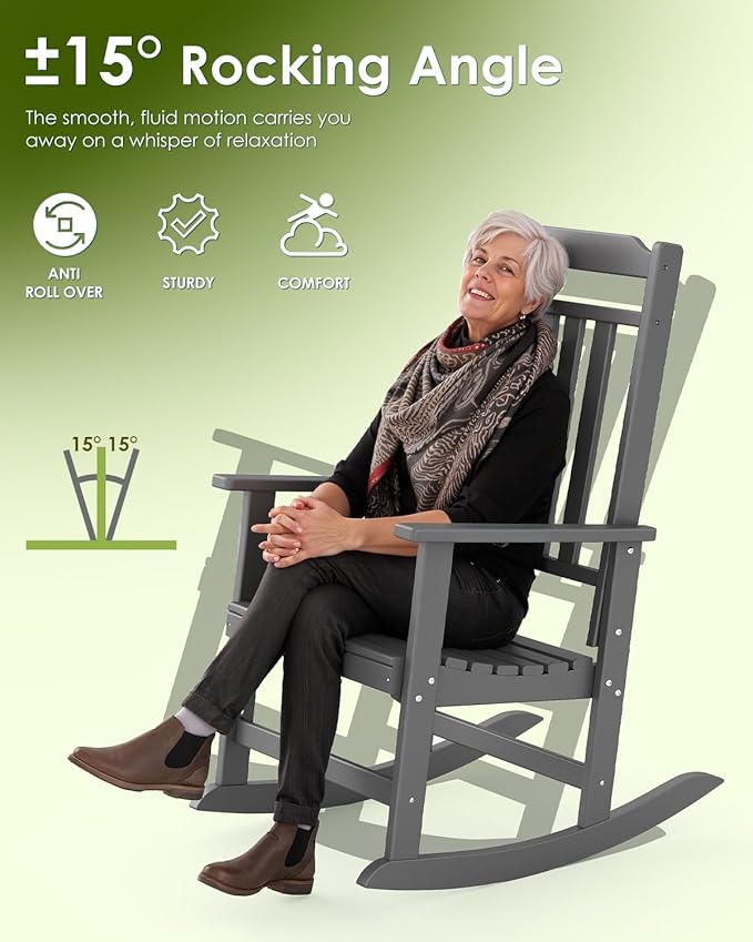 GREENVINES Outdoor-Rocking-Chairs-Set-of-4 | HDPE Plastic | Patio Rockers | Porch Rocker Chair | Oversized | High Back | Big & Tall | Grey
