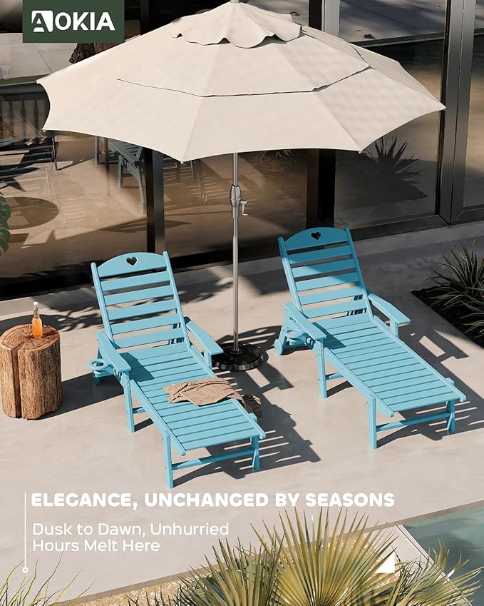 Aokia Pool Lounge Chairs,Chaise Lounge Chair Outdoor with Wheels & Cupholder Oversize HDPE 6-Position Outdoor Chairs for Patio, Lawn, Garden, Poolside (Light Blue)