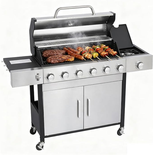 6-Burner Propane Gas BBQ Grill with 1 Side Burner, 65910 BTU Output Stainless Steel Outdoor Grill w/Cast Iron Grating Mesh, Built-in Thermometer for Cooking & Outdoor BBQ