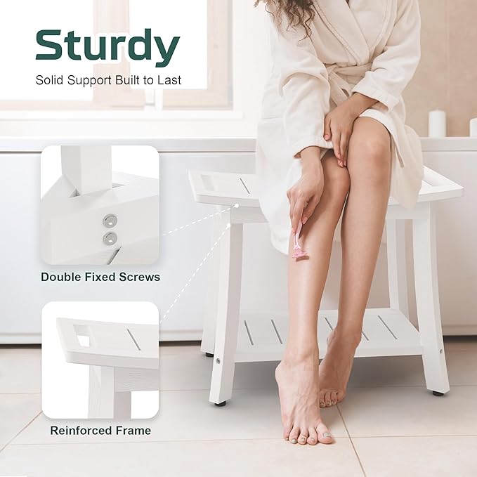 HIPS Shower Benches for Inside Shower, Waterproof Shower Stool with Storage Shelf & Adjustable Feet, SPA Bathroom Seat Chair for Shaving Legs, Indoor or Outdoor Use, White