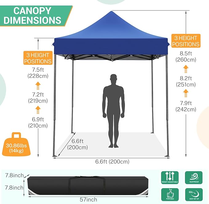 COBIZI 6.6x6.6 Heavy Duty Pop up Canopy Tent Without Sidewalls, Easy Set-up Commercial Outdoor Party Tent, 100% Waterproof Wedding Canopy Gazebo, 3 Height Adjustable with Carry Bag, Dark Blue