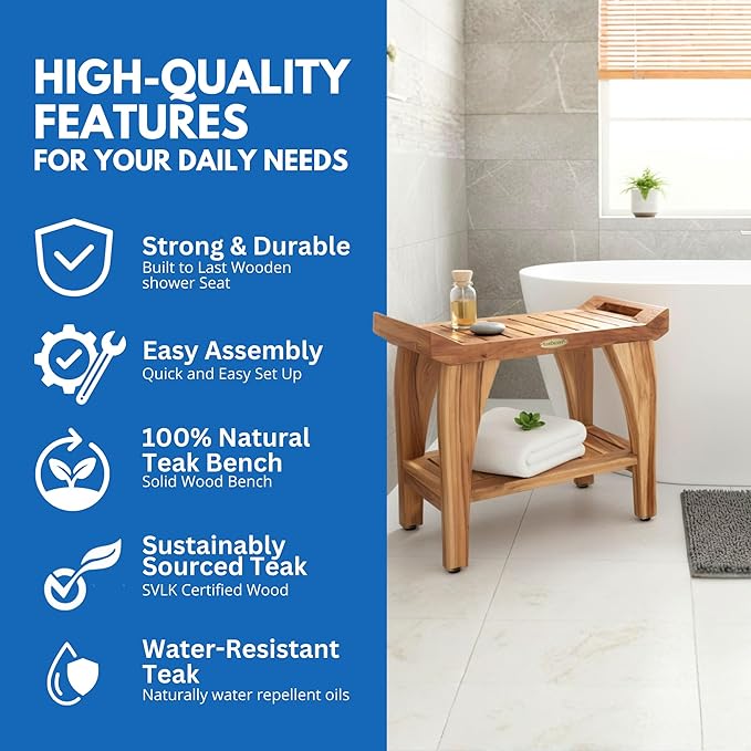 EcoDecors 24 Inch Tranquility Natural Color Waterproof Teak Wood Shower Bench Stool Seat Chair For Inside Shower Storage Shelf Provides Safety, Storage, and Organization For Bathroom Accessories