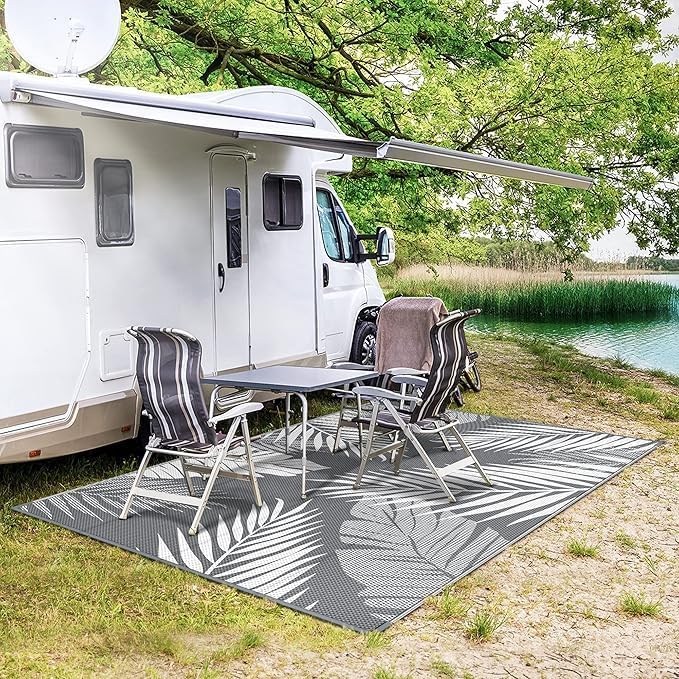 GENIMO 9'x12' Outdoor Rug Waterproof for Patio Decor, Reversible Plastic Straw Rug Carpet, Camping Mats for Outdoor, RV, Backyard, Deck, Balcony, Picnic, Mix Grey & White