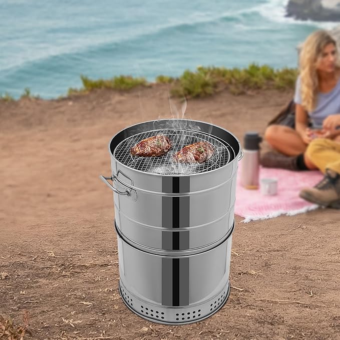 Large Portable Vertical Charcoal Grills, Stainless Charcoal BBQ Grill Barrel 360° Smokeless Outdoor with 50 Skewers for Travel, Outdoor Cooking and BBQ, Camping Picnic Patio Backyard (Large)