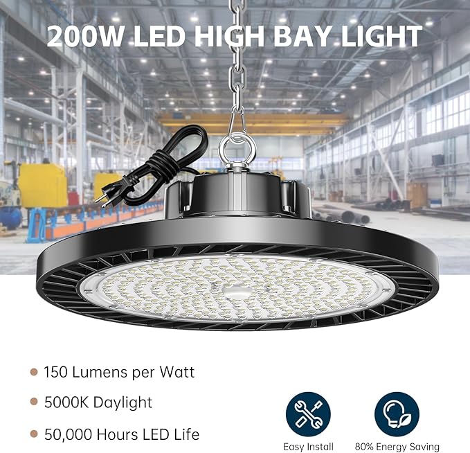 UFO LED High Bay Lights 5000K 200W 30000LM 6 Pack with Plug High Bay Led Shop Lights Suitable for Warehouse Workshop Factory Gym Garage Barn LED Lamp AC100-277V