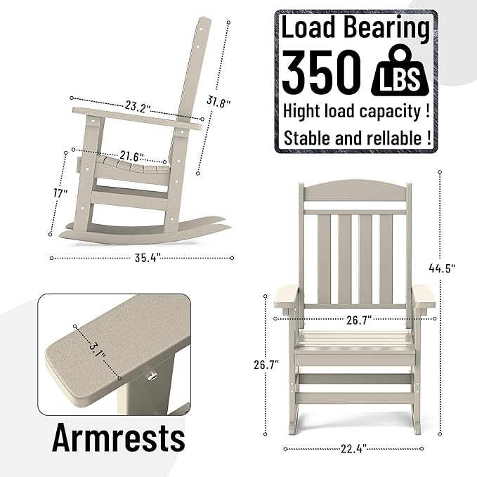 Outdoor Rocking Chairs Set of 6, Oversized High Back Patio Rocking Chairs, All Weather Porch Rocking Chairs for Outside. Sand