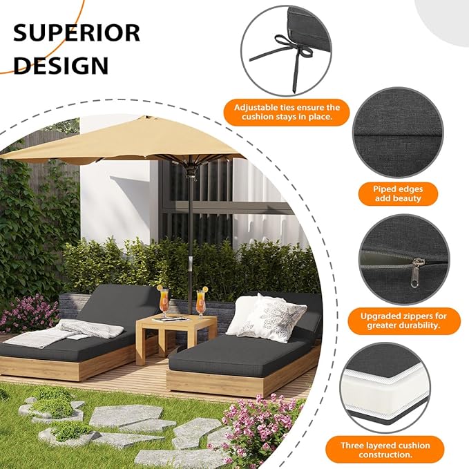 Sundale Outdoor Olefin Chaise Lounge Cushion, Water-Resistant Patio Lounge Chair Cushion, Thick Lounger Pad with 4 Straps Dark Gray, 80 x 26 x 4 Inches