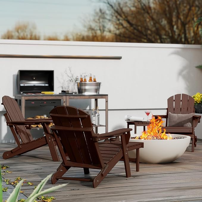 GREENVINES Adjustable Adirondack Chair with Retractable Ottoman Set of 4 | Folding | Wood Grain HDPE Plastic | Fire Pit Chairs w/Foot Rest | 2 Cup Holders | Dark Brown | for Outdoor Poolside
