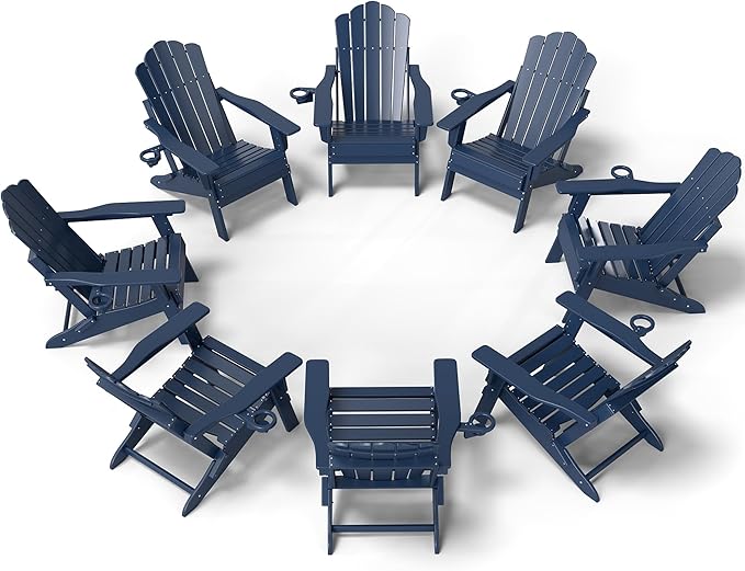 FOOWIN Adirondack Chair Set of 8, Folding Adirondack Chair with Cup Holder, HDPE All-Weather Fire Pit Chair for Patio, Garden, Backyard, Poolside, Navy Blue