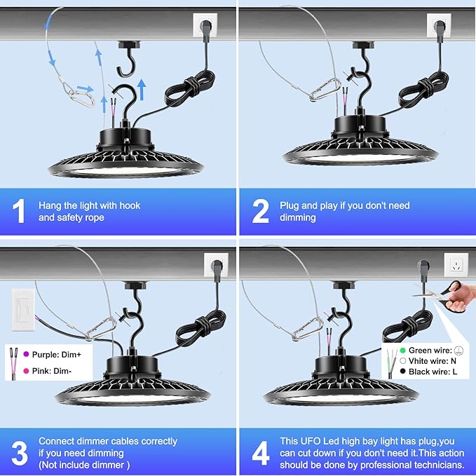 High Bay LED Shop Lights 240W UFO LED High Bay Light 5000K 36000LM 0-10V Dimmable 1000W HID/HPS Replacement with 5' US Plug IP65 Hanging Hook UFO Lights for Shop Warehouse Garage Workshop