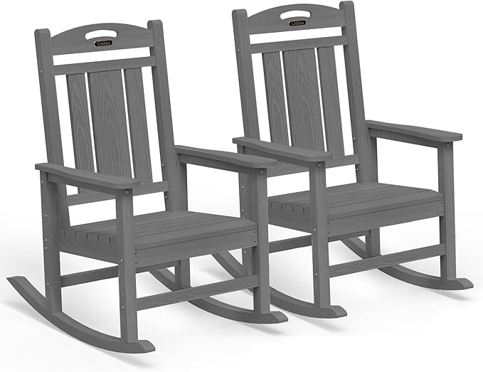 Ciokea Oversized Outdoor Rocking Chairs Set of 2, HDPE Porch Rocking Chairs for Outside, All-Weather Comfortable Patio Rockers for Front Deck Balcony, Grey