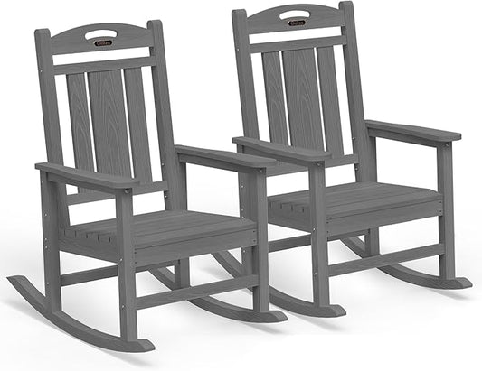 Ciokea Oversized Outdoor Rocking Chairs Set of 2, HDPE Porch Rocking Chairs for Outside, All-Weather Comfortable Patio Rockers for Front Deck Balcony, Grey