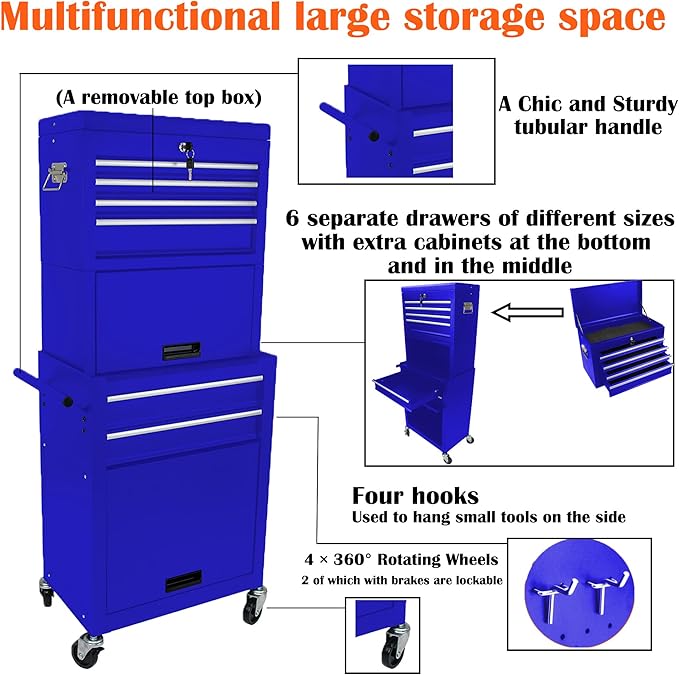 6 Drawers Rolling Tool Box Organizer,2 Tier High Capacity Tool Chest with Wheels,Lockable Rolling Tool Chest with 2 Cabinet,Detachable Tool Box Workshop Storage Cabinet (2 Tier-6 Drawers(Blue))