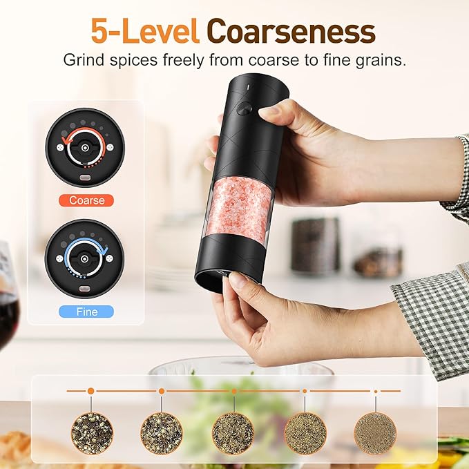 Electric Salt and Pepper Grinder Set, Rechargeable Automatic Pepper Mill Grinder with LED Light Gifts for Women, Adjustable Coarseness shakers, One-Hand Operation for Kitchen Essentials