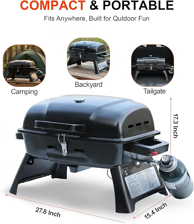 BrandMan Portable Propane Gas Grill, 1-Burner Tabletop Compact BBQ Grill with Folding Legs and Lockable Lid for Camping, Tailgating & Outdoor Cooking, Hassle-Free Setup