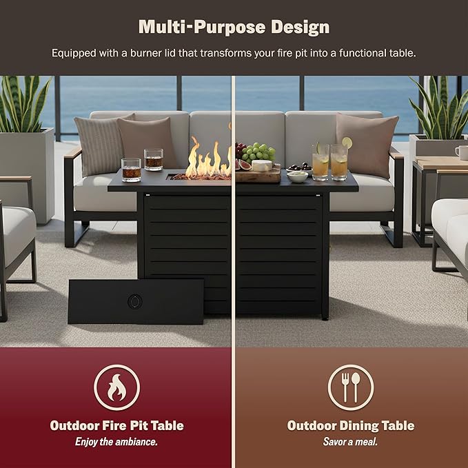 Kinger Home 42-Inch Ore Outdoor Propane Fire Pit Table 50000 BTU, CSA Certified, Powder-Coated Stainless Steel Patio Firepit with Lava Rocks, Black