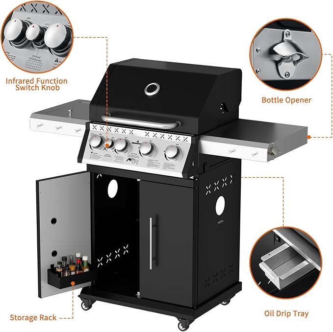 SKOK 4 Burner Propane Gas Grill with Infrared Side and Rear Burners, Outdoor BBQ Grill with Cast Iron Grates, Barbecue Grill with Wheels, 60,000BTU Output