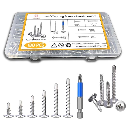 180 PCS #8 Self-Tapping Screws Assortment Kit with Driver,410 Stainless Steel Pan Head Self Drilling Screws in 6 Sizes(1/2", 5/8", 3/4", 1", 1-1/4", 1-1/2") (Pan Head #8 kit Silver)