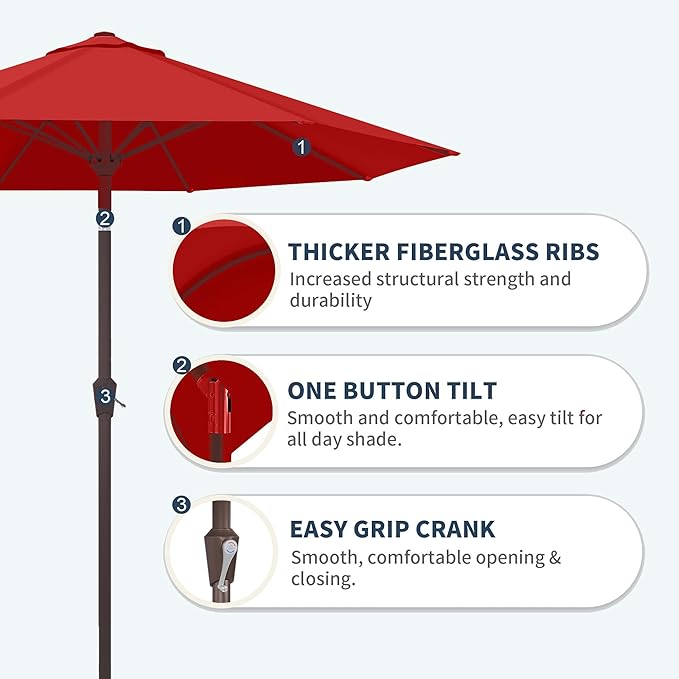 PatioKingdom 10FT Patio Umbrella with Push Button Tilt and Crank, Outdoor Market Umbrella with 8 Fiberglass Ribs, UV Protection Table Umbrella for Pool,Backyard,Garden,Deck(Red, 10FT)