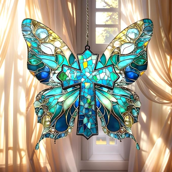 Jesus Cross Christmas Ornament Christian Suncatcher with Butterfly Wings Window Hanging Acrylic Stained Glass Effect Art Garden Decor Unique Gift for Mom Women Grandma Thanksgiving
