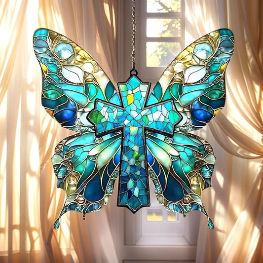 Jesus Cross Christmas Ornament Christian Suncatcher with Butterfly Wings Window Hanging Acrylic Stained Glass Effect Art Garden Decor Unique Gift for Mom Women Grandma Thanksgiving