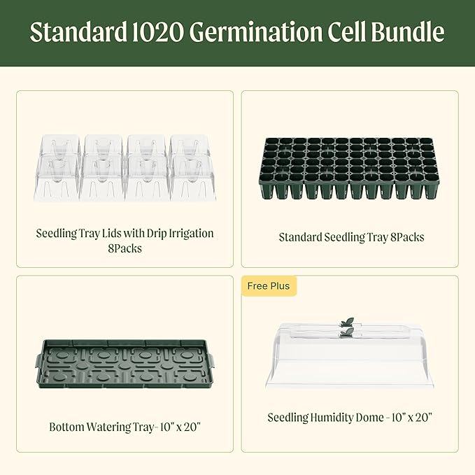 Vego garden Germination Bundle, 8Packs Standard Seedling Trays with Seedling Tray Lids and 10" x 20" Bottom Watering Trays Plus Seedling Humidily Dome