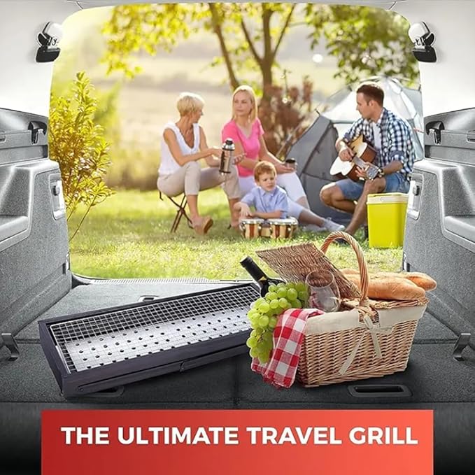 Portable Charcoal Grill, Portable Tabletop BBQ for Outdoor Cooking | Compact Folding Grill for Camping, Hiking, Picnics & Travel | 24”x13”x9” Lightweight Smoky Flavor Grill