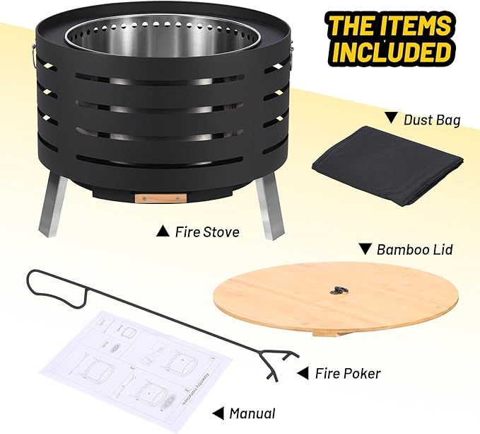 26" Smokeless Fire Pit with 360° Airflow, Dual-Burn Technology & Removable Ash Pan – Low-Smoke Outdoor Fire Bowl with Rust-Resistant 304 Stainless Steel for Patio, Yard & Camp