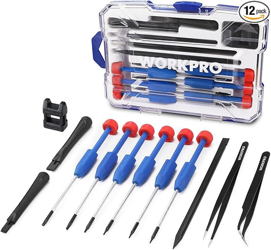WORKPRO 12 in 1 Torx Screwdriver Set with T3 T4 T5 T6 T8 T10 Security Torx Bit & Precision Magnetic Screwdrivers, Tweezers,Pry Bars, Spudger for Eyeglass, Watch, Computer, Phone, with Case