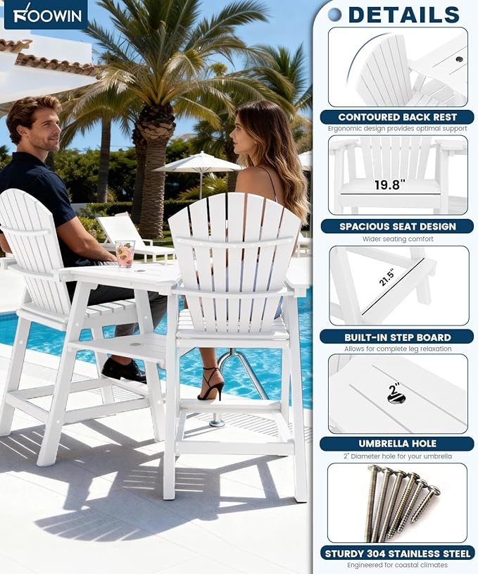 FOOWIN Tall Adirondack Chair Set of 4, All Weather HDPE Bar Height Adirondack Chair with Double Connecting Trays, Adirondack Barstools for Balcony, Deck, Backyard, Patio, Garden White