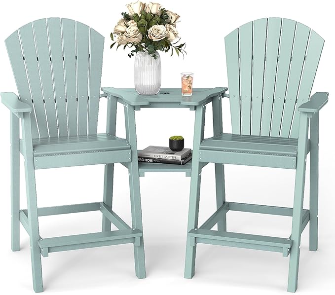 FOOWIN Tall Adirondack Chair Set of 2, All Weather HDPE Bar Height Adirondack Chair with Double Connecting Trays, Adirondack Barstools for Balcony, Deck, Backyard, Patio, Garden Aruban Blue