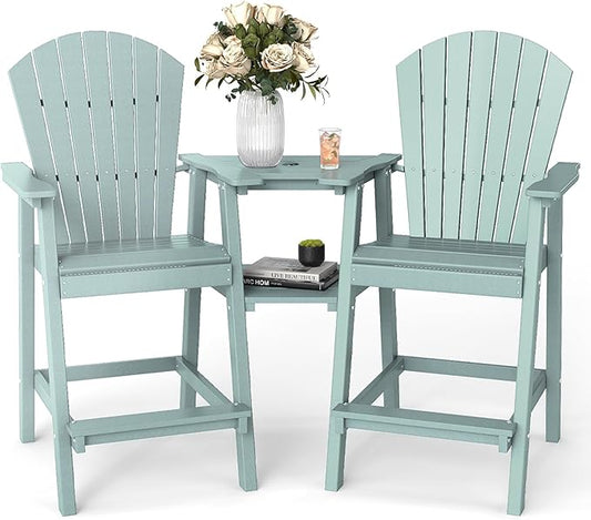 FOOWIN Tall Adirondack Chair Set of 2, All Weather HDPE Bar Height Adirondack Chair with Double Connecting Trays, Adirondack Barstools for Balcony, Deck, Backyard, Patio, Garden Aruban Blue