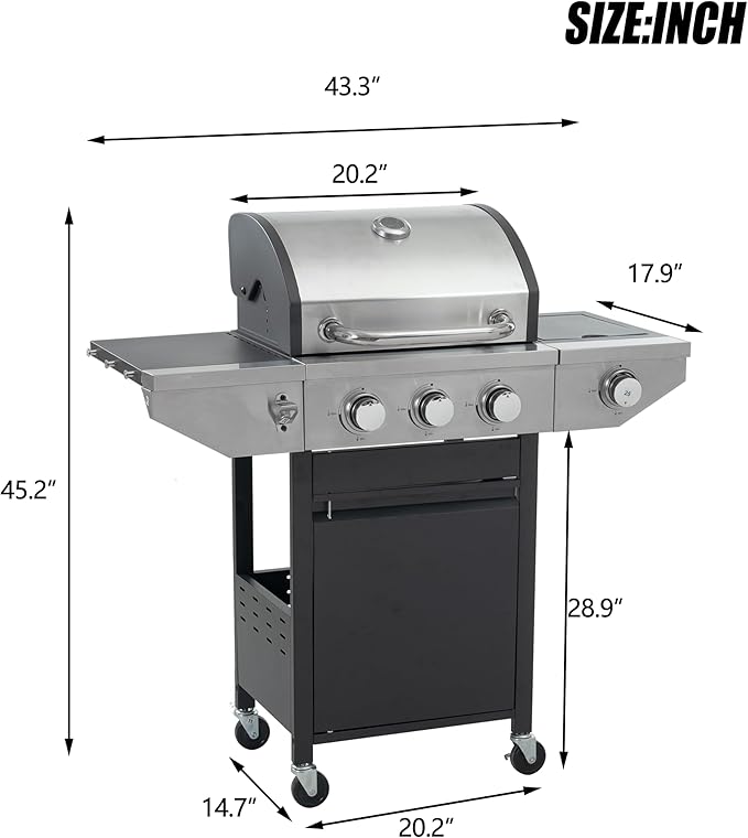 Propane Grill 3 Burner Barbecue Grill Stainless Steel Gas Grill with Side Burner, 37,000 BTU Outdoor Cooking, Patio, Garden Barbecue Grill, Black and Silver