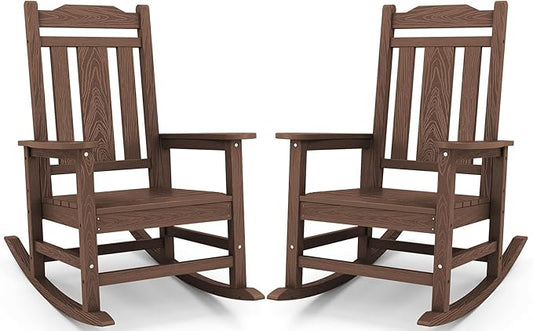 SERWALL Oversized Rocking Chair Set of 2 Outdoor, HDPE Outdoor Rocking Chair Set of 2, Coffee