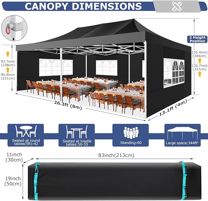 COBIZI 13x26 Pop up Canopy Heavy Duty with 6 Sidewalls, Easy Set-up Commercial Outdoor Party, 100% Waterproof Wedding Canopy Gazebo, 2 Height Adjustable with Wheeled Bag,Black