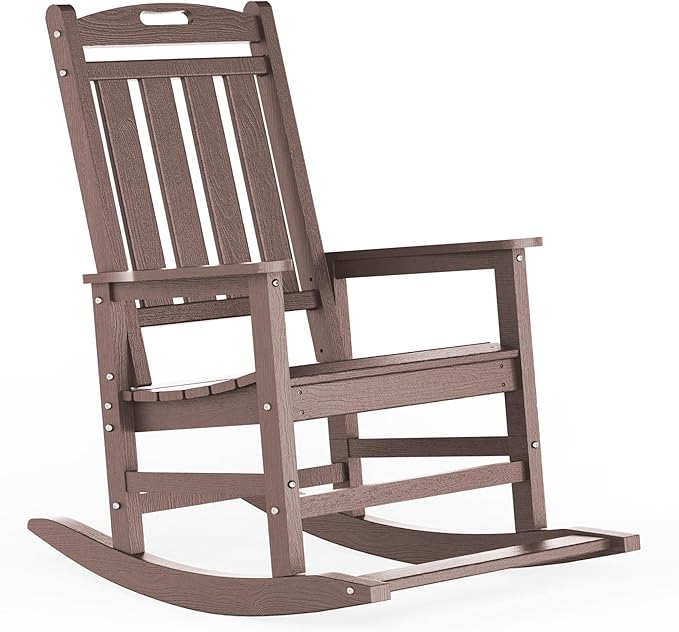 LOUNZY Outdoor Rocking Chair, HDPE Patio Rocking Chair with Footboard for Adults, All Weather Heavy Duty Front Porch Rocker, Brown