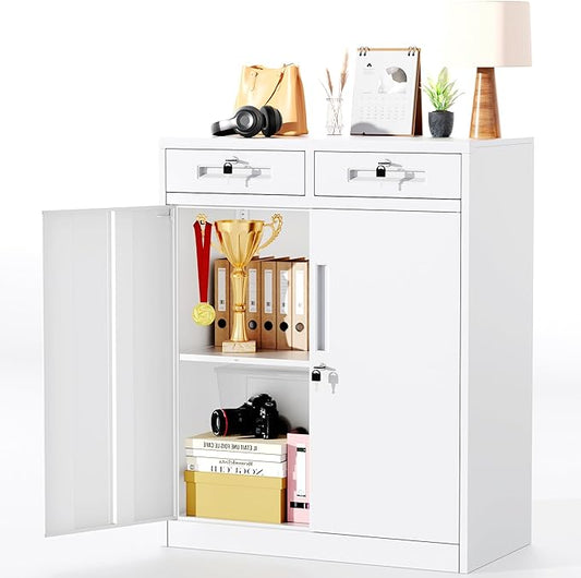 Greenvelly Metal Storage Cabinet with Drawers, 42” White Steel Garage Storage Cabinet with 2 Doors and Adjustable Shelves, Locking Office Storage Cabinets, Tool Metal File Cabinet for Office School