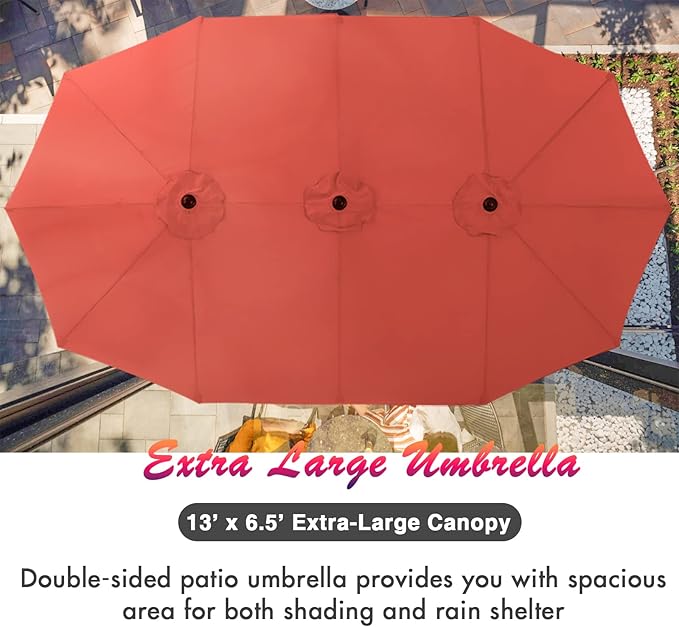 PHI VILLA 7 Piece Outdoor Dining Set with Umbrella, Rectangular Wood Top Metal Dining Table & Cushioned Wicker Chairs & 13ft Large Red Umbrella for Patio, Deck, Yard
