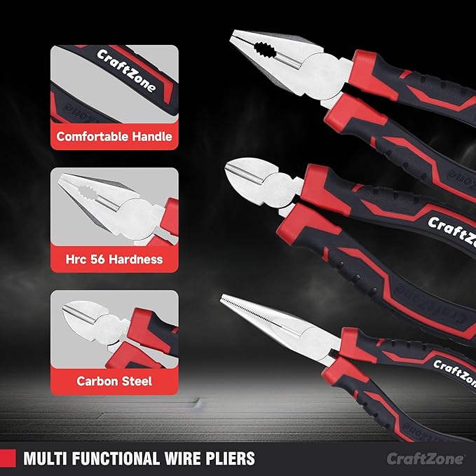3-Piece Pliers Set –Linemans Plier 6" Long Nose 6" Diagonal Cutters & 8" Combination Plier Heavy Duty Carbon Steel Tool Sets for Home Repair Professional Use Outdoor & Ergonomic Soft Grip