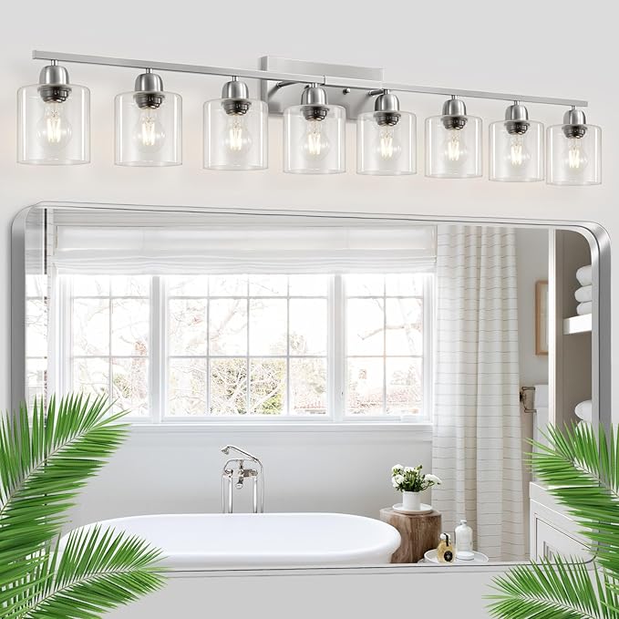 Modern Brushed Nickel 8 Light Bathroom Light Fixtures,52 inch Vanity Lights with Clear Glass, Bathroom Light Fixture for Mirror Kitchen Living Room Hallway Cabinet Porch